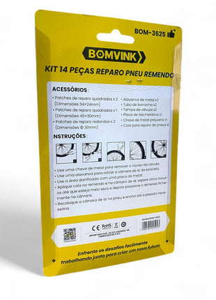 KIT DE REPARO PARA PNEU COM 14 PEÇAS BOMVINK REMENDOS, FERRAMENTAS E COLA BOM3625