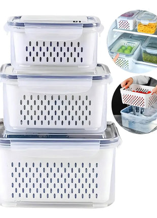 Kit 3 Potes Organizadores Herméticos com Cesto Removível para Frutas, Verduras e Legumes – 850ml, 1750ml e 3300ml
