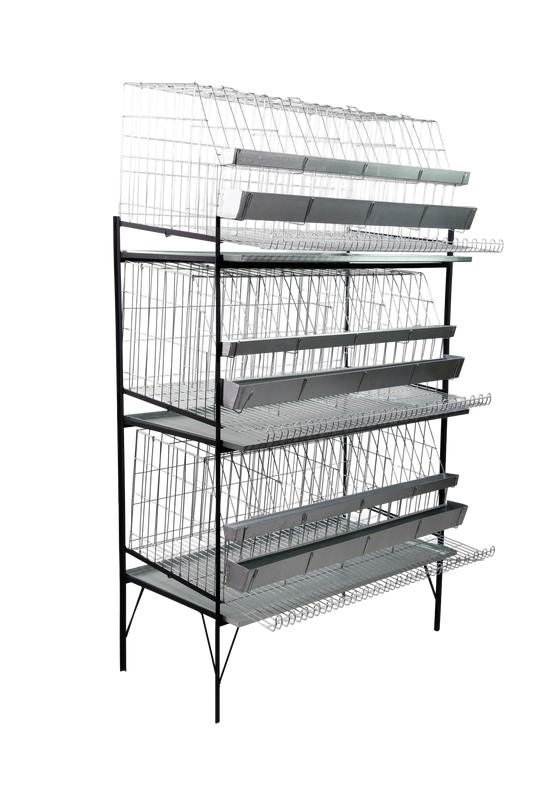 Expositor c/capacidade p/ até 3 gaiolas galinha de postura (g09), cap. p/ até 24 aves. G02