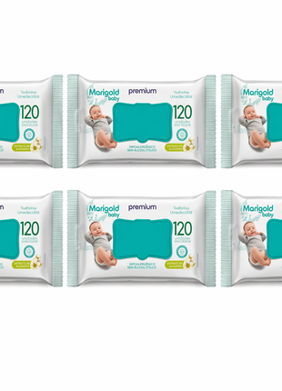 Kit 6 Toalha Lenço Umedecido Bebe Marigold Camomila 120und