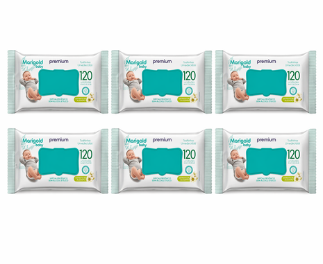 Kit 6 Toalha Lenço Umedecido Bebe Marigold Camomila 120und