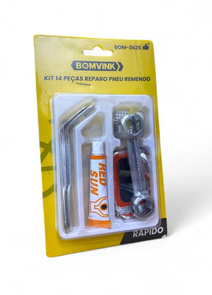 KIT DE REPARO PARA PNEU COM 14 PEÇAS BOMVINK REMENDOS, FERRAMENTAS E COLA BOM3625