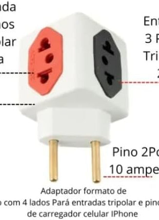 Adaptador Tomada Cubo 4 Tomadas Padrão Novo/Antigo 10A