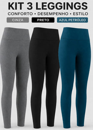 Kit 3 Calças Legging Feminina  Cintura Alta